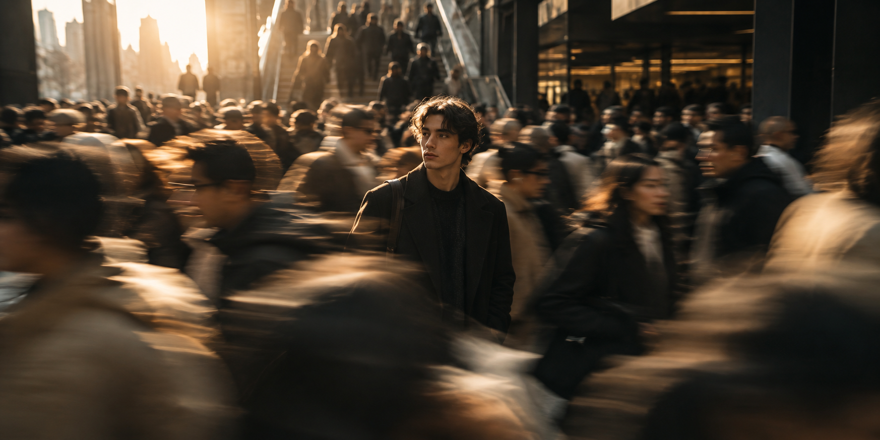 A person standing still while a busy crowd rushes around them